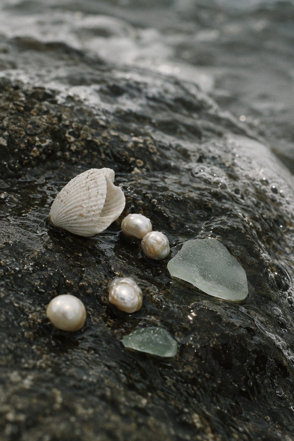 Pearls, a white shell and sea glass on wet stone at the shoreline
