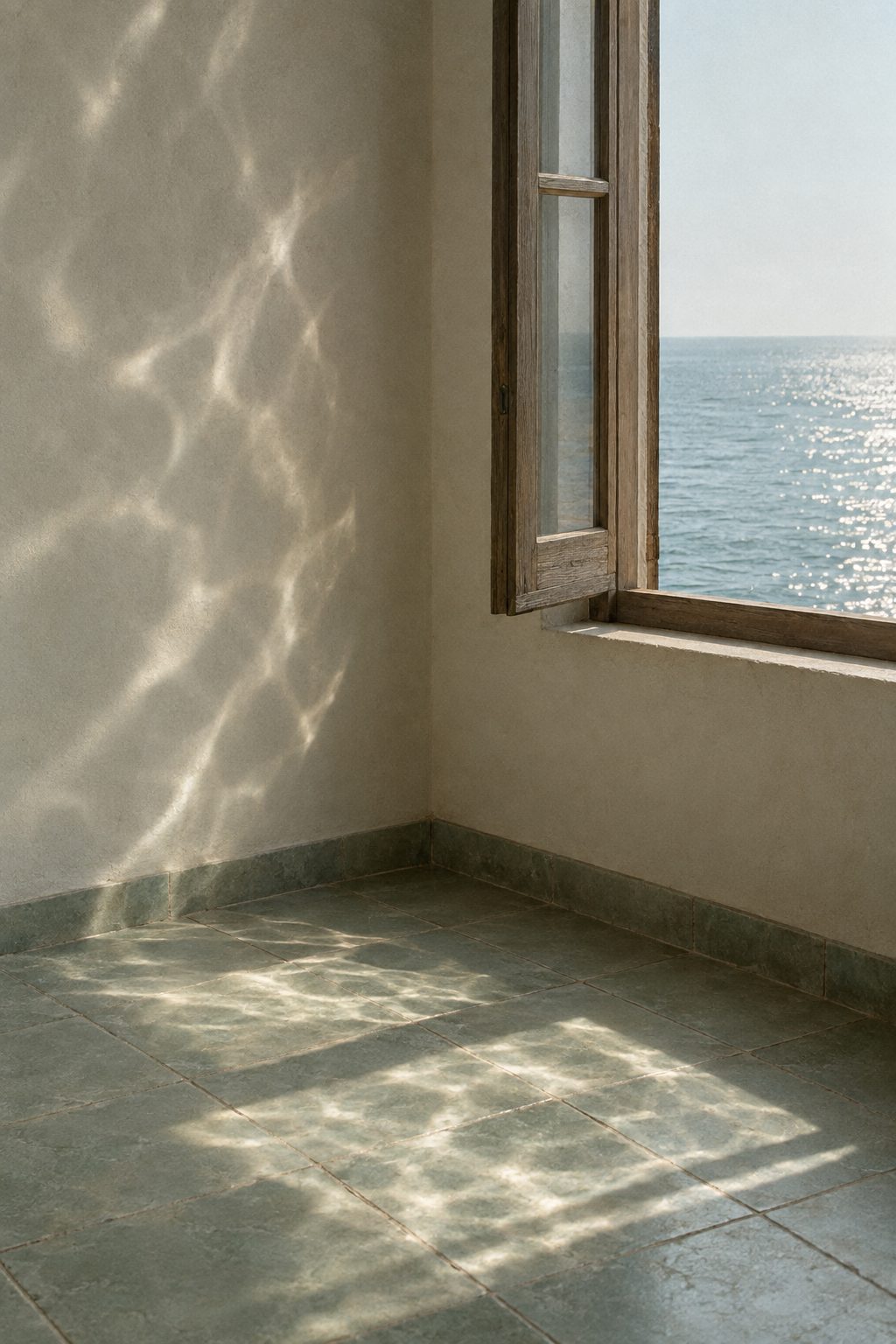 Morning light from the sea moving across a pale tiled floor